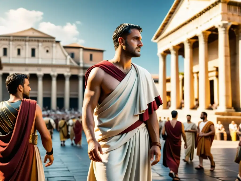 Detallada ilustración de un rico hombre romano con toga en bullicioso mercado romano, capturando la evolución indumentaria masculina antigua Roma