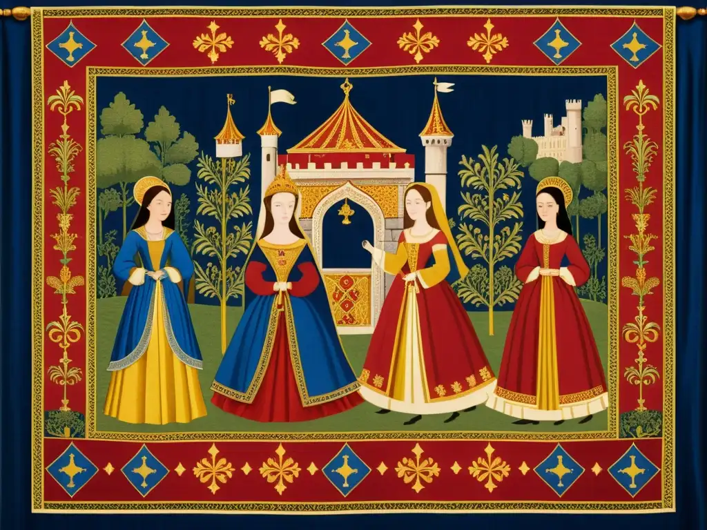 Detallada representación de una tapicería medieval de La Divina Comedia, con simbología y moda rica en color y textura