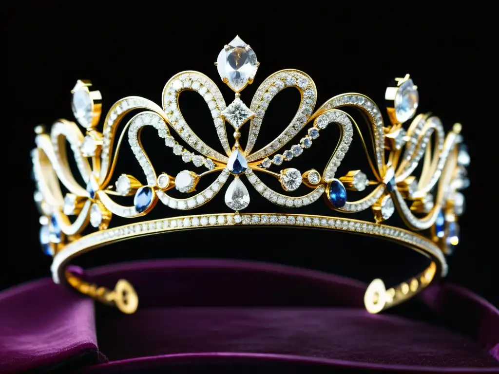 Detallada tiara de joyas en la corte europea, con diamantes deslumbrantes sobre terciopelo oscuro