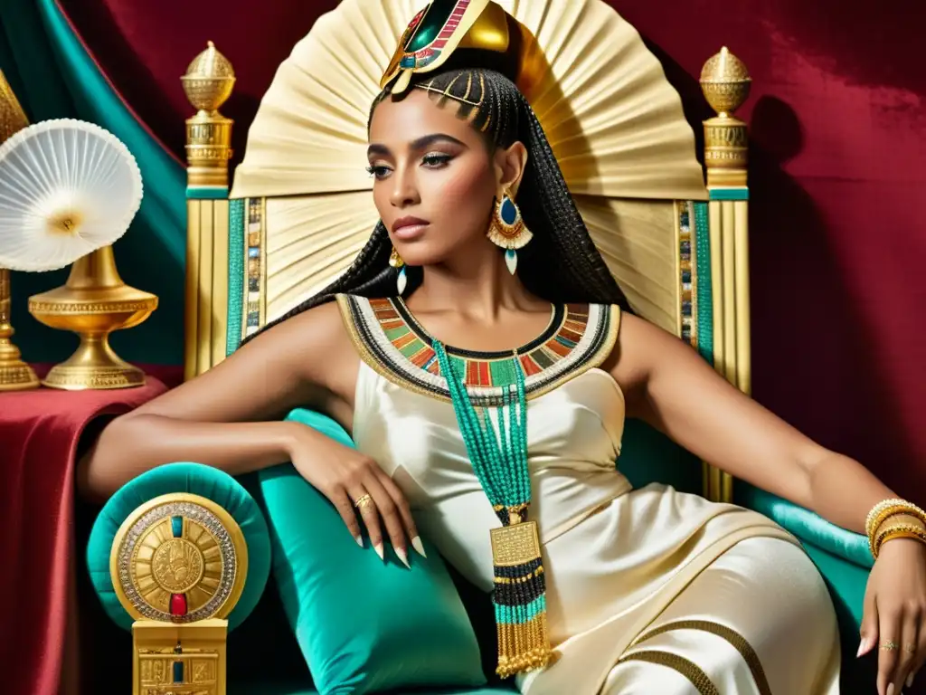 Representación detallada de Cleopatra en un trono dorado rodeada de lujo egipcio, evocando la influencia de Cleopatra en la moda