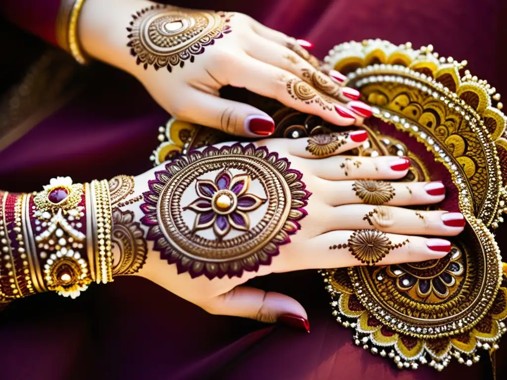 Detalladas y elegantes manos decoradas con mehndi, resaltando el significado cultural de bindis y mehndi en la tradición india