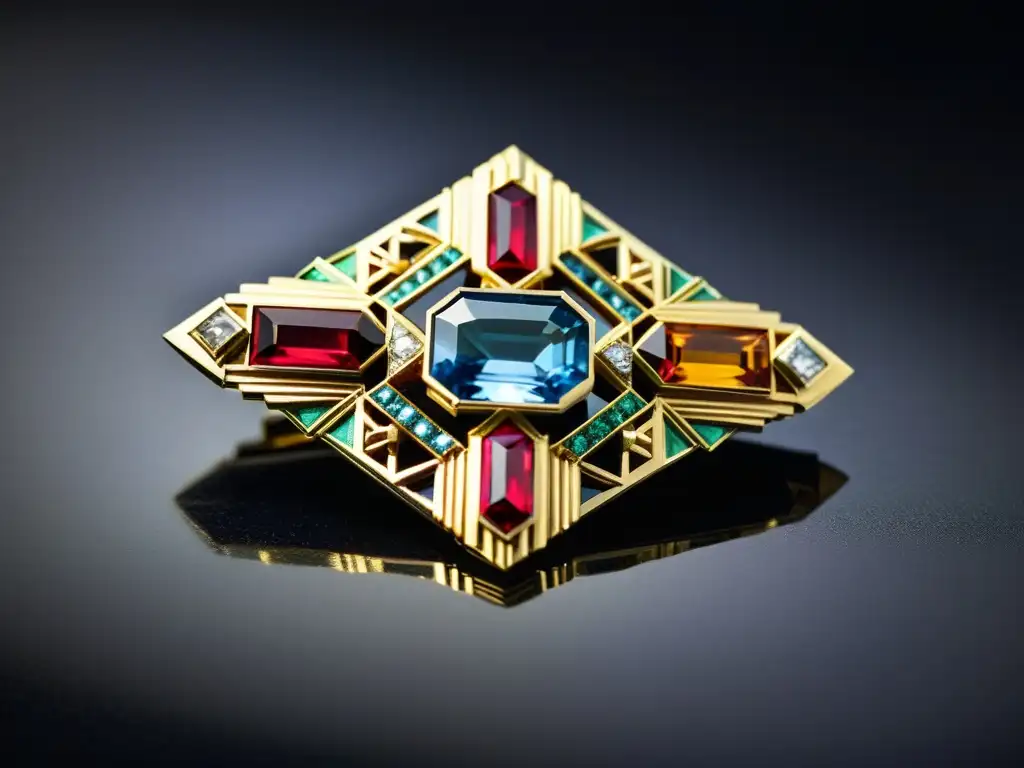 Detallado broche Art Deco con gemas vibrantes sobre terciopelo, reflejando la elegancia de las revueltas de la moda del siglo XX