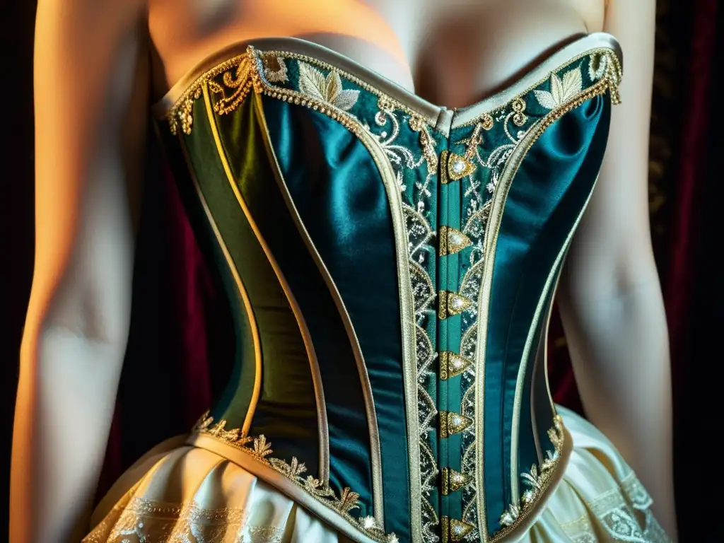 Detallado corset barroco con bordados, encajes y gemas sobre terciopelo