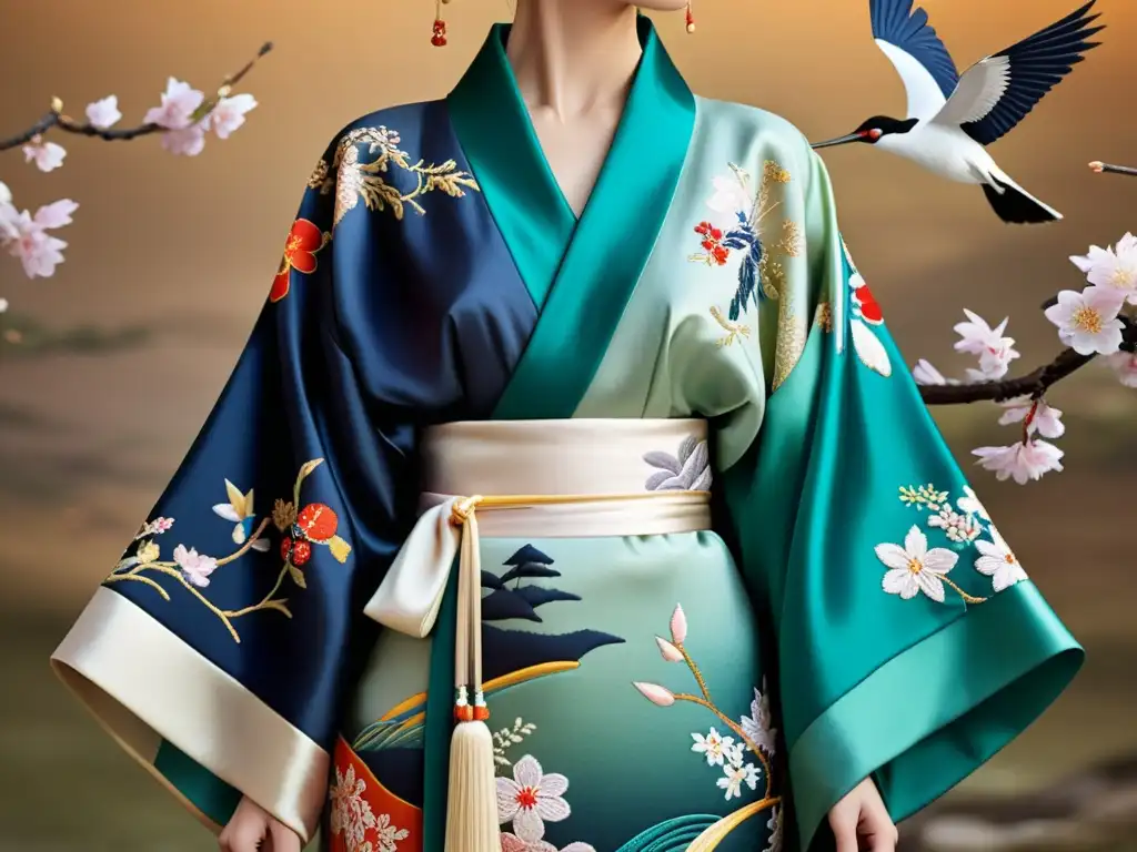 Detallado kimono japonés con bordados, seda y motivos tradicionales como cerezos y grullas, evocando elegancia y impacto cultural estilo japonés moda