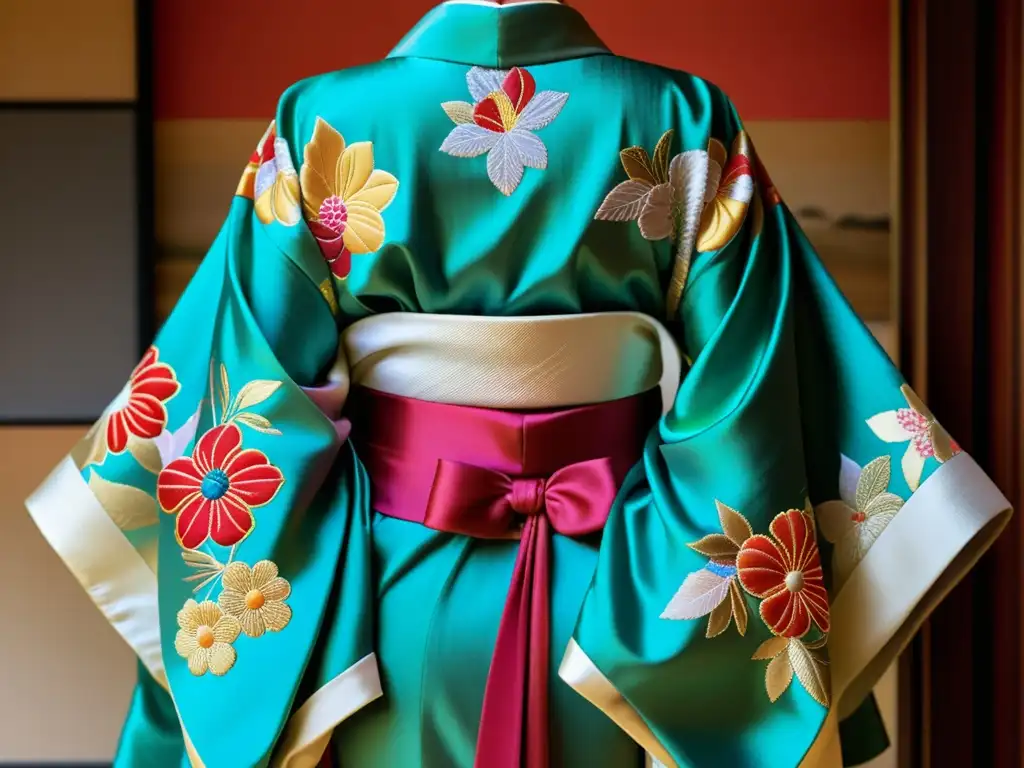 Un detallado retrato de un kimono tradicional de Geisha, con vibrantes colores y exquisitos detalles bordados