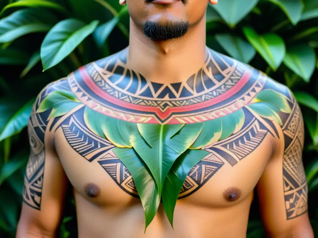 Detallado tatuaje Polinesio con significado cultural y espiritual, enmarcado en exuberante vegetación