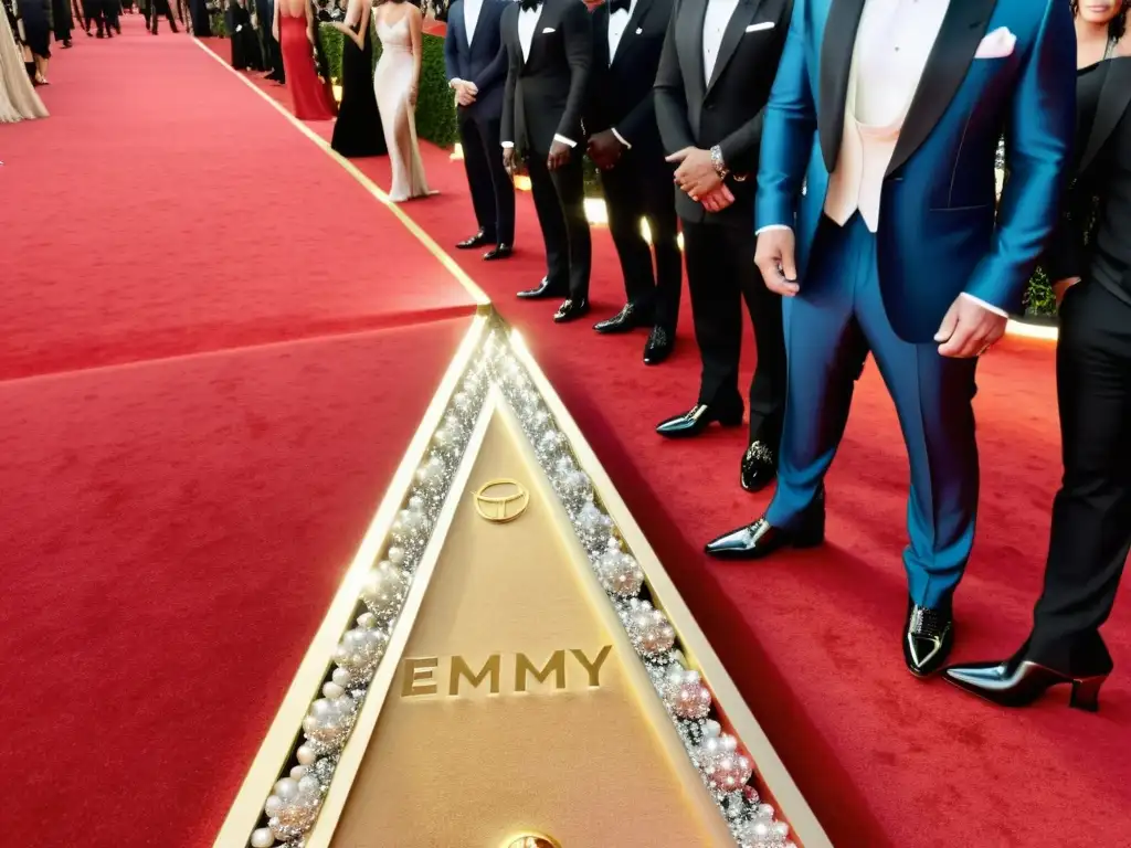 Detalle de la alfombra roja en los Premios Emmy, mostrando tendencias de moda en televisión y la atmósfera glamurosa del evento