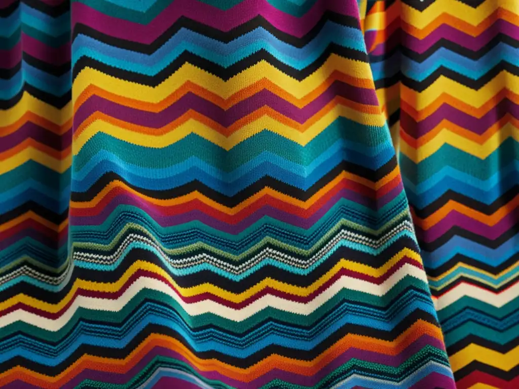 Detalle en alta resolución del icónico diseño de punto de Missoni en vibrantes colores y texturas, destacando el legado de la dinastía de la moda