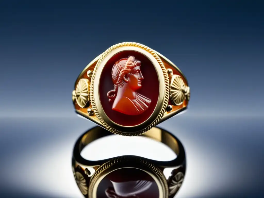 Detalle de anillo de sello romano en oro con intaglio de carnelian, evocando la evolución de joyas masculinas históricas