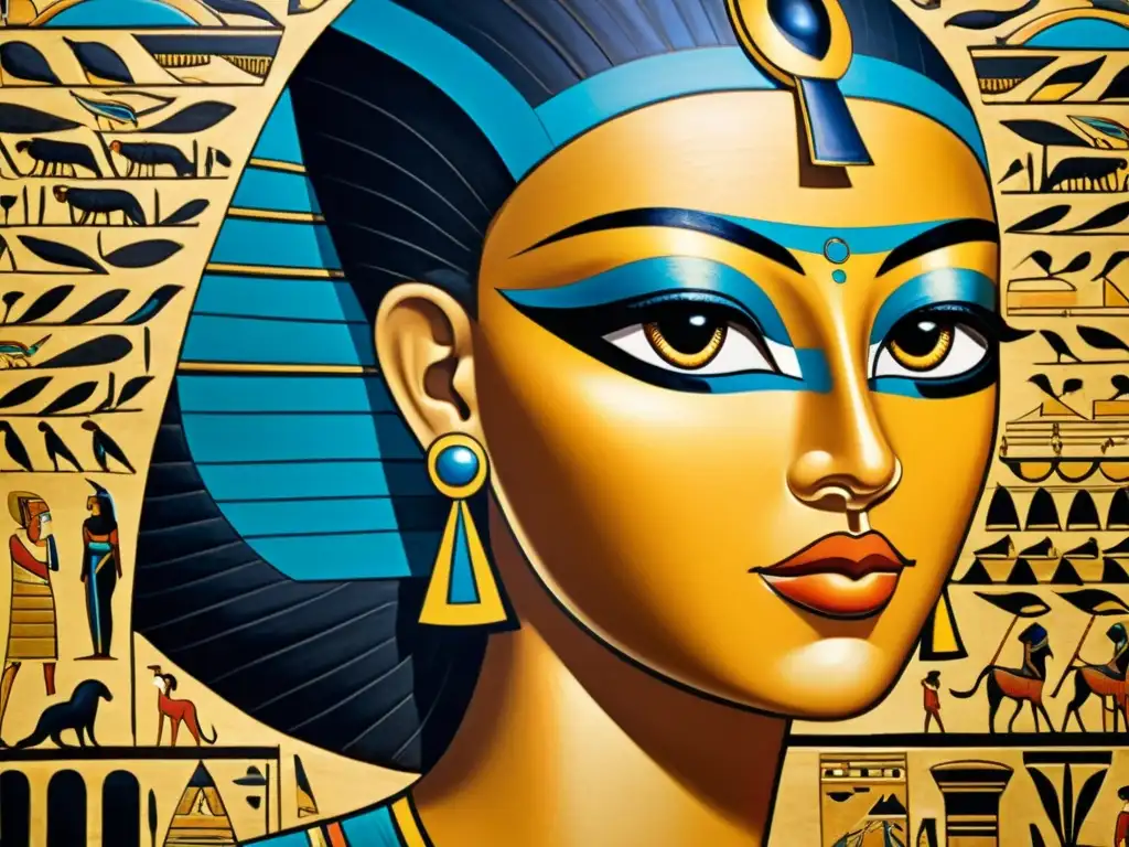 Detalle de un antiguo mural egipcio con Cleopatra usando delineado de ojos, resalta la evolución del delineado de ojos en la cultura egipcia