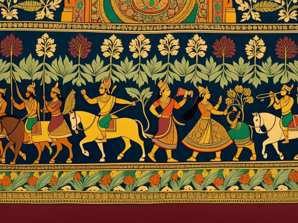 Detalle de arte narrativo en tela india Kalamkari con escenas mitológicas y tonos terrosos vibrantes