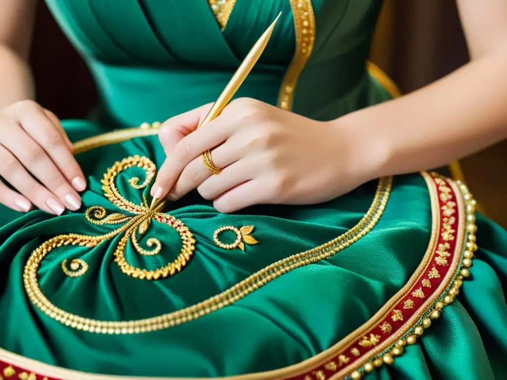 Detalle de artesana creando moda de lujo con bordado meticuloso en elegante vestido de diseñador