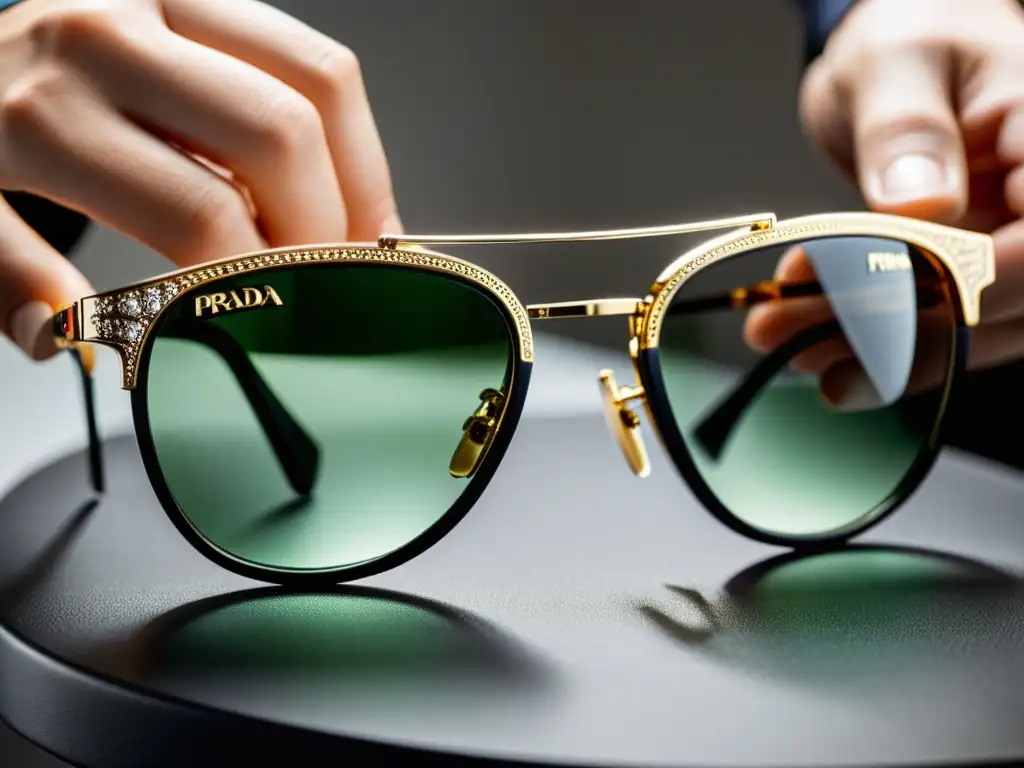 Detalle artesanal de la fabricación de gafas de sol Prada, evocando elegancia, precisión y la historia de la marca