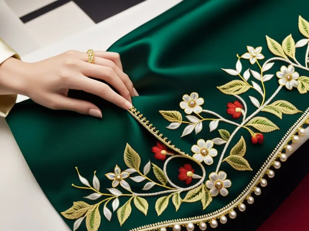 Detalle de artesanía en atelier de alta costura de Prada, resaltando la transformación de la moda de lujo con elegancia y sofisticación