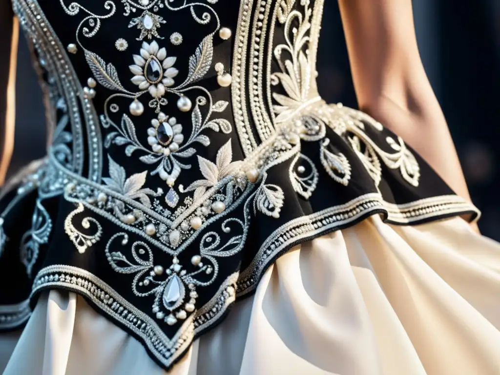 Detalle en blanco y negro de un exquisito vestido de alta costura, resaltando la artesanía y diseño