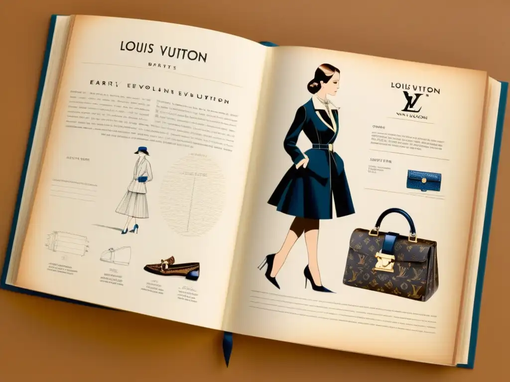 Detalle de bocetos y diseños de la evolución de Louis Vuitton moda, reflejando su historia y creatividad en alta resolución