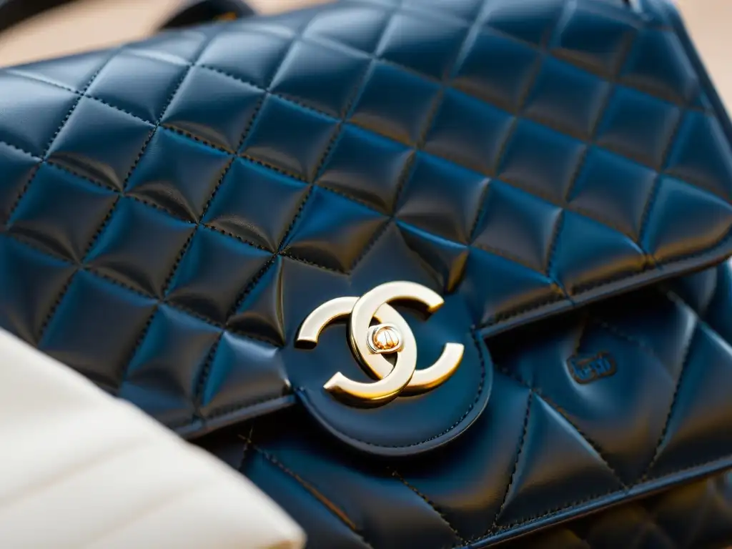 Detalle exquisito del bolso Chanel: artesanía y elegancia Detalle del bolso Chanel: costuras intrincadas, cuero lujoso y detalles metálicos