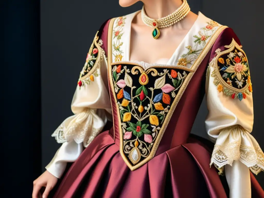 Detalle de bordado en exquisito vestido renacentista, resaltando la opulencia y artesanía de la moda renacentista