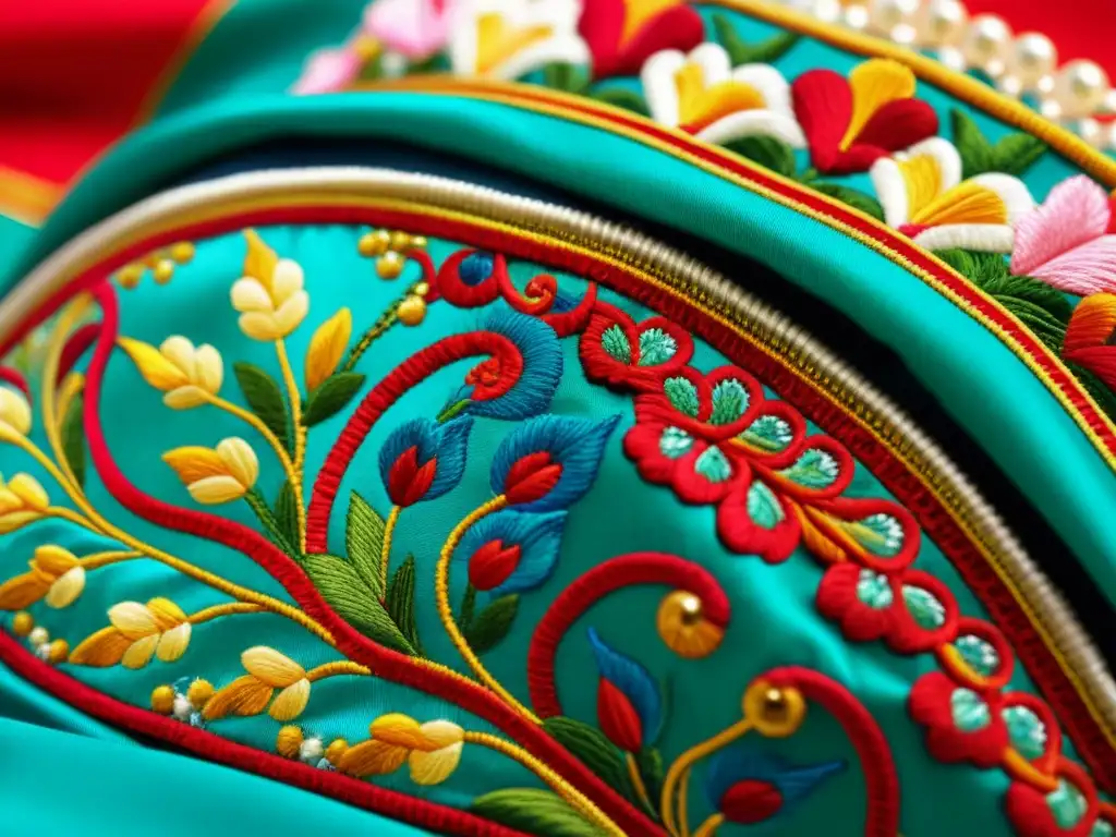 Detalle de bordado en moda asiática: artesanía y tradición en colores vibrantes