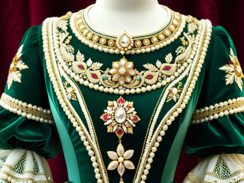 Detalle de bordado y pedrería en vestido noble ruso del siglo XIX, reflejando la opulencia y elegancia de Ana Karenina