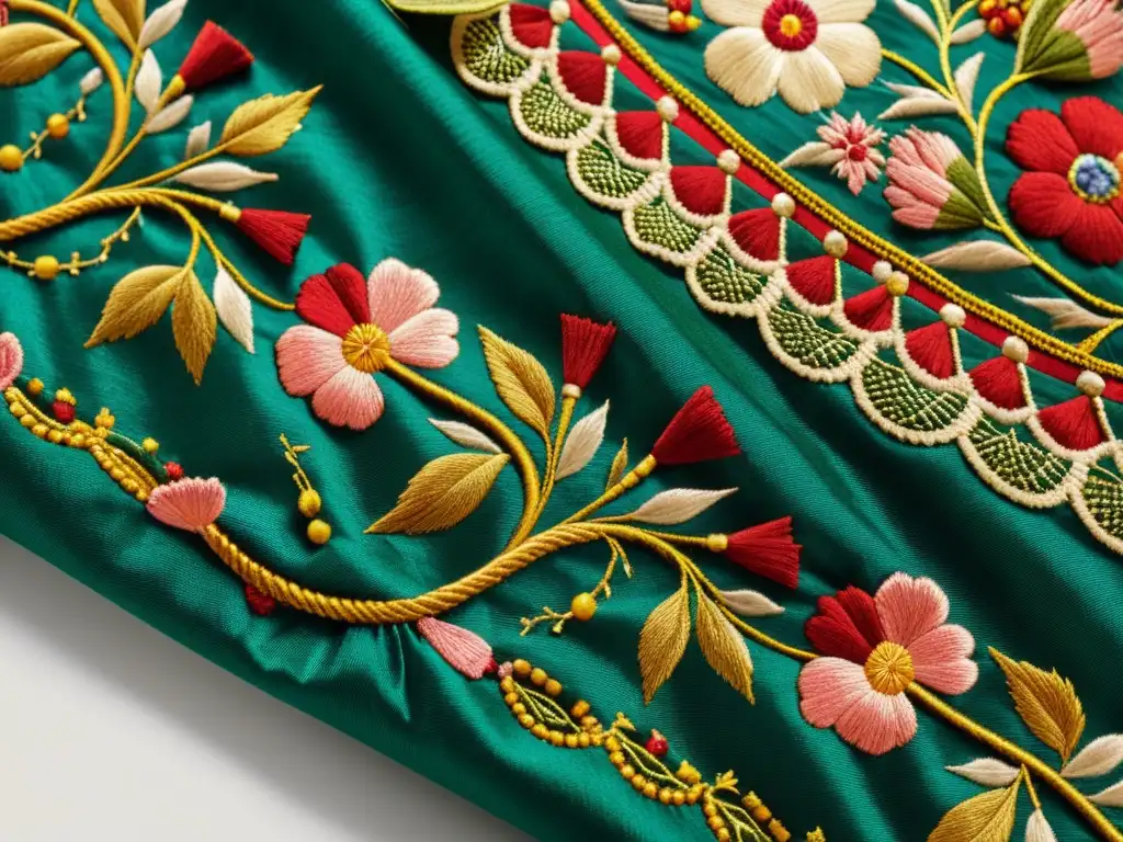 Detalle de bordado del siglo XVII en moda histórica, con ricos colores y delicadas puntadas florales