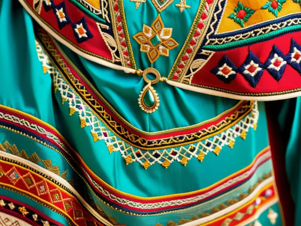 Detalle de bordados vibrantes en ropa tradicional de Medio Oriente, capturando la artesanía y significado cultural