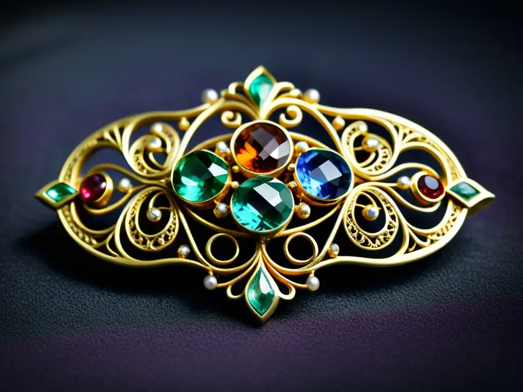 Detalle de broche Art Nouveau con filigranas, gemas vibrantes y líneas orgánicas sobre terciopelo oscuro