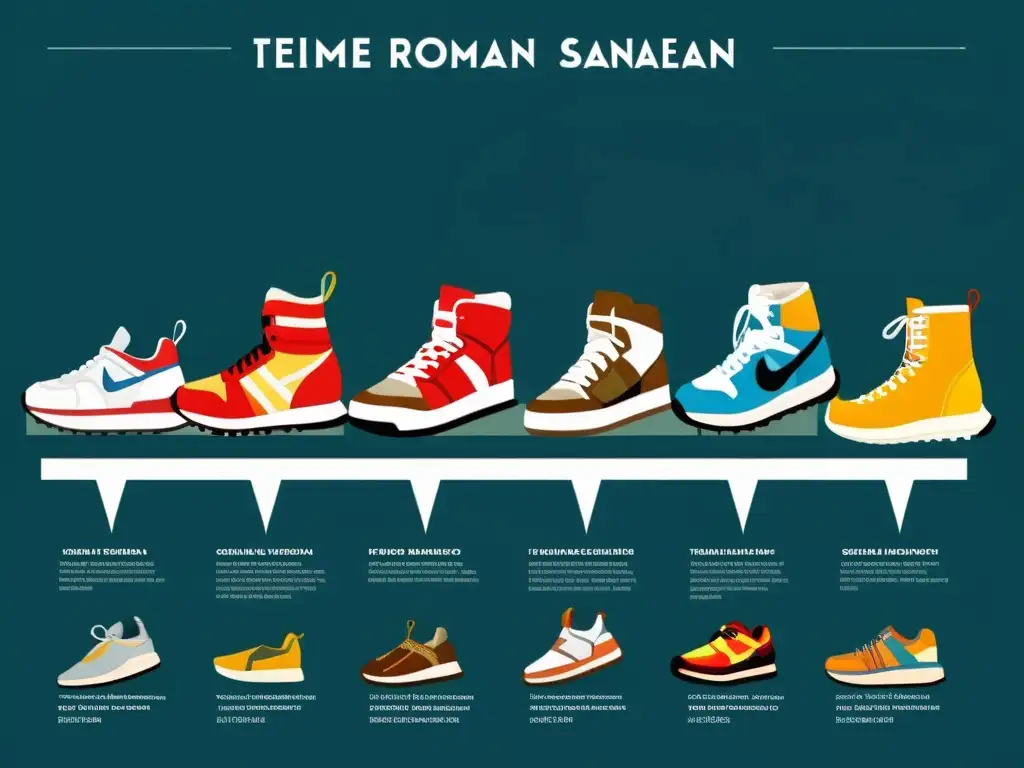 Detalle de la evolución del calzado desde sandalias romanas hasta sneakers modernos, resaltando su impacto cultural y diseño innovador