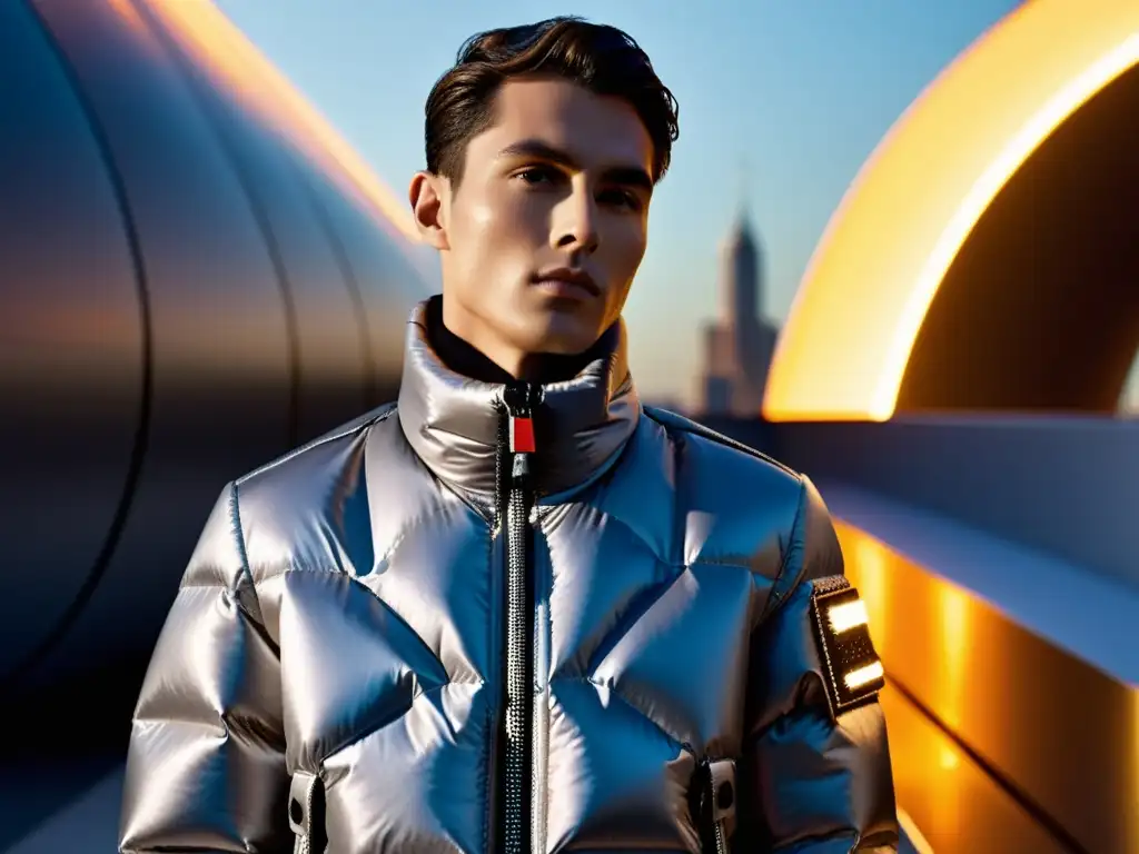 Detalle de chaqueta Moncler alta moda tecnología con diseño innovador, materiales lujosos y paisaje urbano futurista