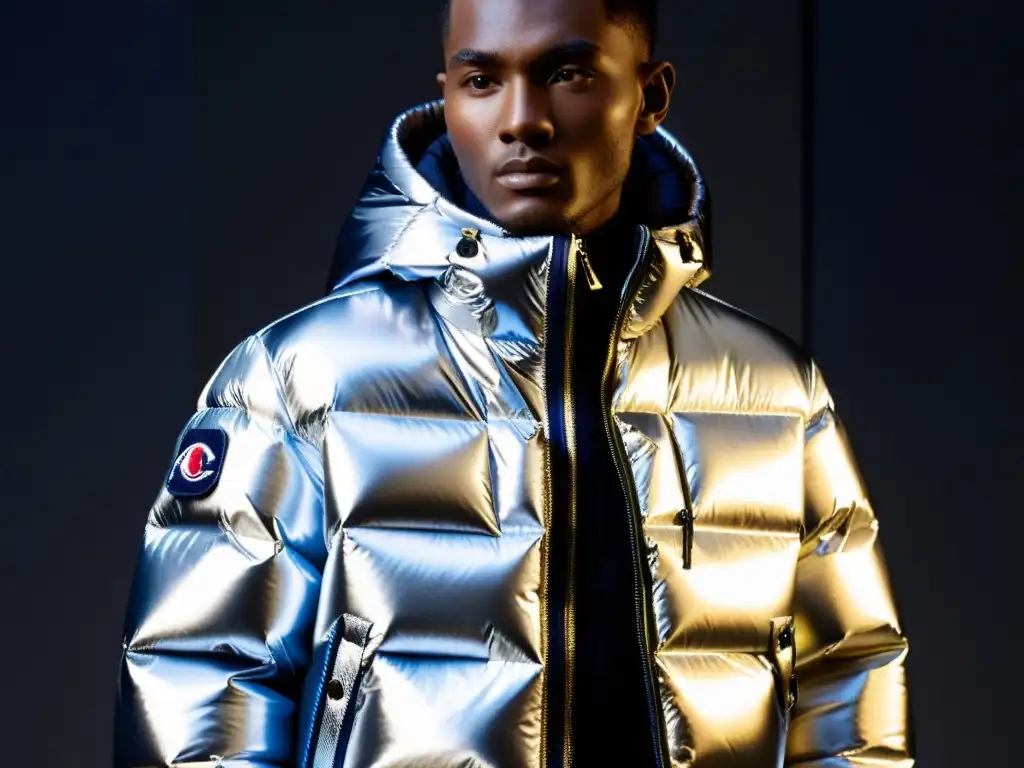 Detalle de la chaqueta Moncler alta moda tecnología: fusión de artesanía tradicional y tecnología futurista, con reflejos metálicos y diseño innovador