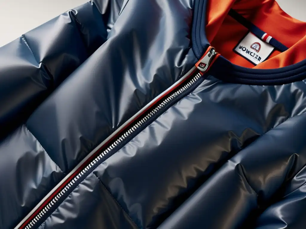 Detalle de la chaqueta Moncler alta moda tecnología, fusionando diseño elegante con innovación en materiales impermeables y transpirables