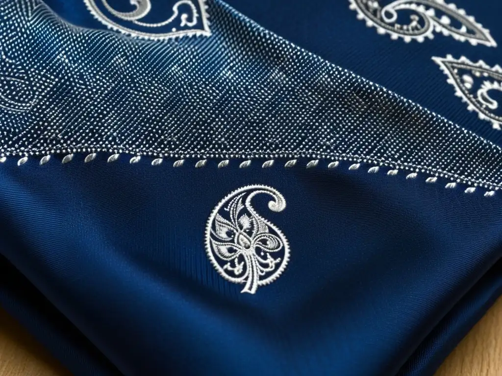 Detalle de corbata de seda azul real con diseño de cachemira plateada