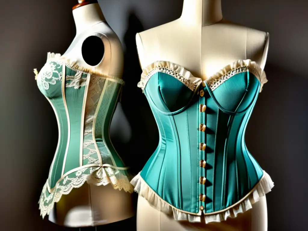 Detalle de corset y crinolina en maniquíes, mostrando la evolución de la silueta femenina