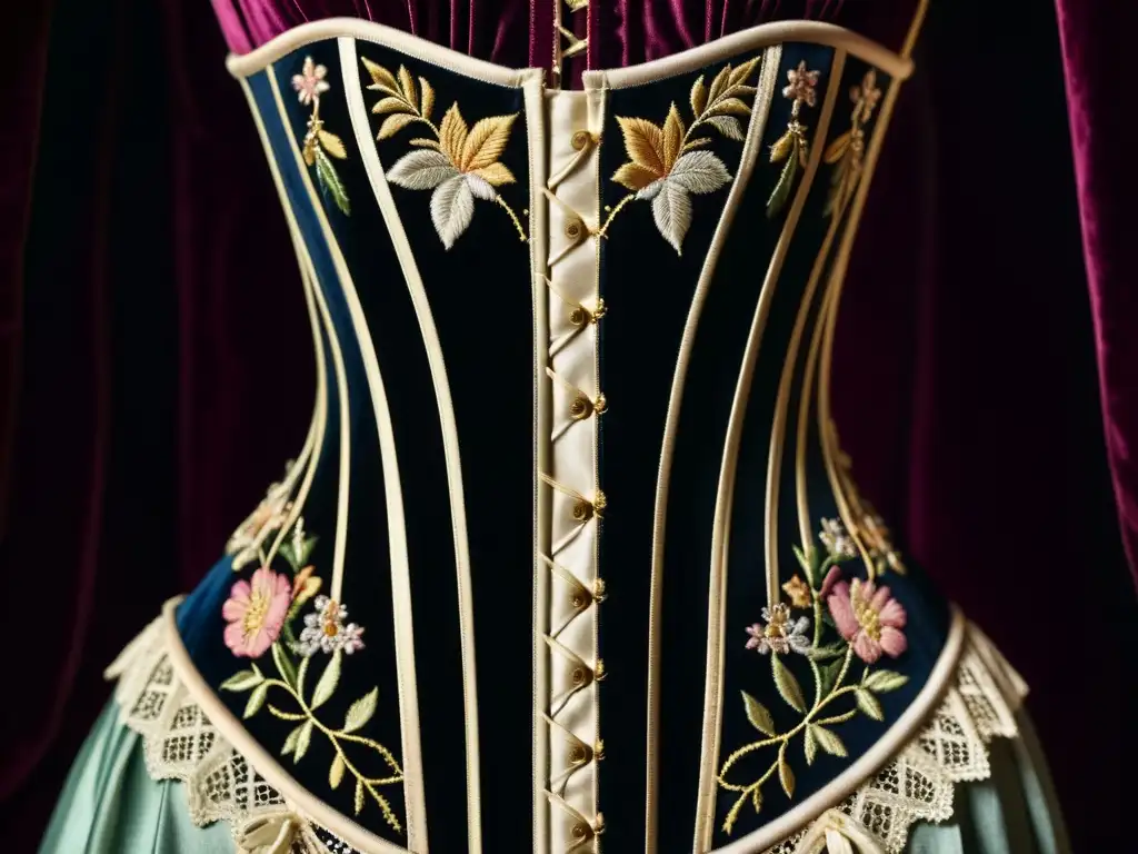 Detalle del corset del siglo XIX, bordado con patrones florales y encajes delicados, sobre terciopelo oscuro