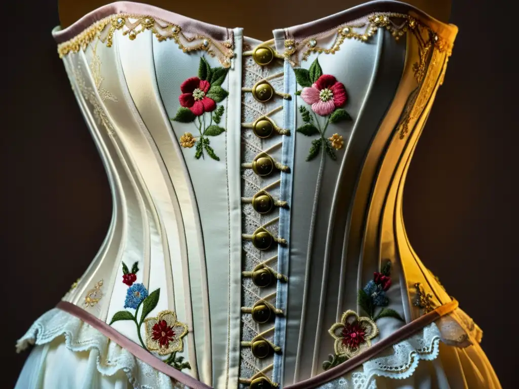 Detalle de un corset del siglo XIX con encaje y bordados florales, mostrando la evolución corsetería silueta femenina