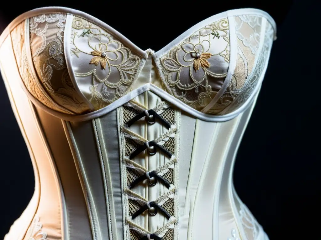 Detalle de un corset vintage con encaje, varillas y bordados, evocando la evolución de la silueta femenina en la corsetería histórica