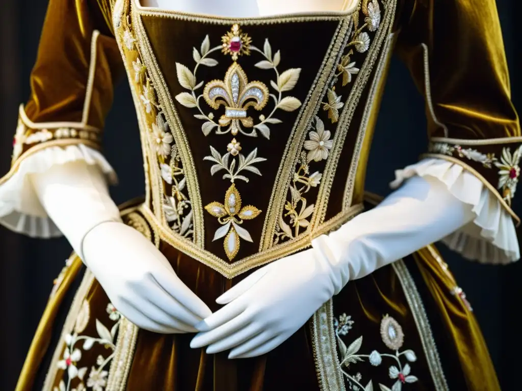 Detalle de la deslumbrante moda de la realeza europea del siglo XVIII, con bordados, encajes y terciopelo