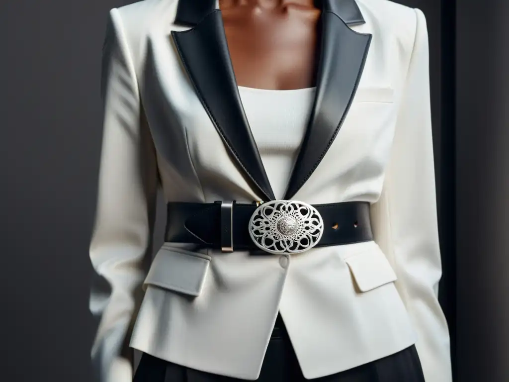 Detalle elegante: cinturón de cuero negro adornado con filigrana plateada en blazer blanco