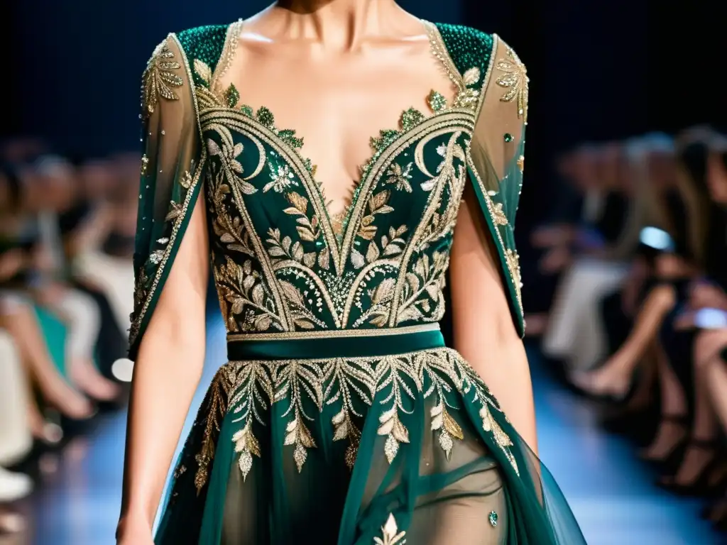 Detalle de un elegante vestido de noche de la colección Elie Saab, con exquisitos bordados, encajes y brillos destacados sobre fondo oscuro