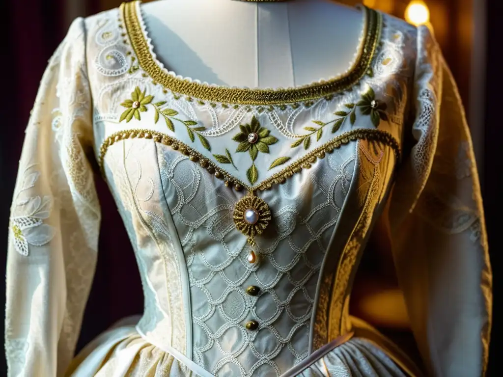 Detalle de un elegante vestido de la era victoriana, resaltando su impacto cultural y belleza artesanal