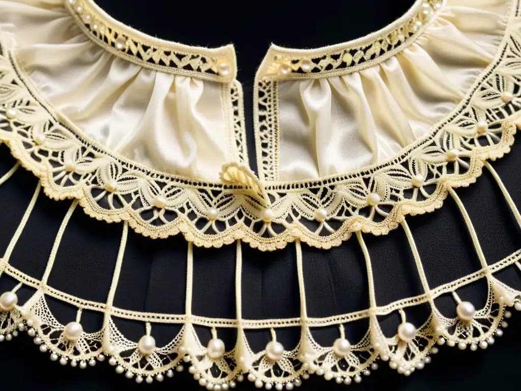 Detalle de encaje delicado en ruff de la era Isabelina, accesorio histórico para el cuello con perlas y plisados elaborados