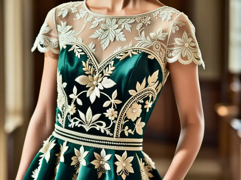 Detalle de encaje en un vestido de noche de Oscar de la Renta, reflejando la elegancia y artesanía icónica de la moda femenina de Oscar de la Renta