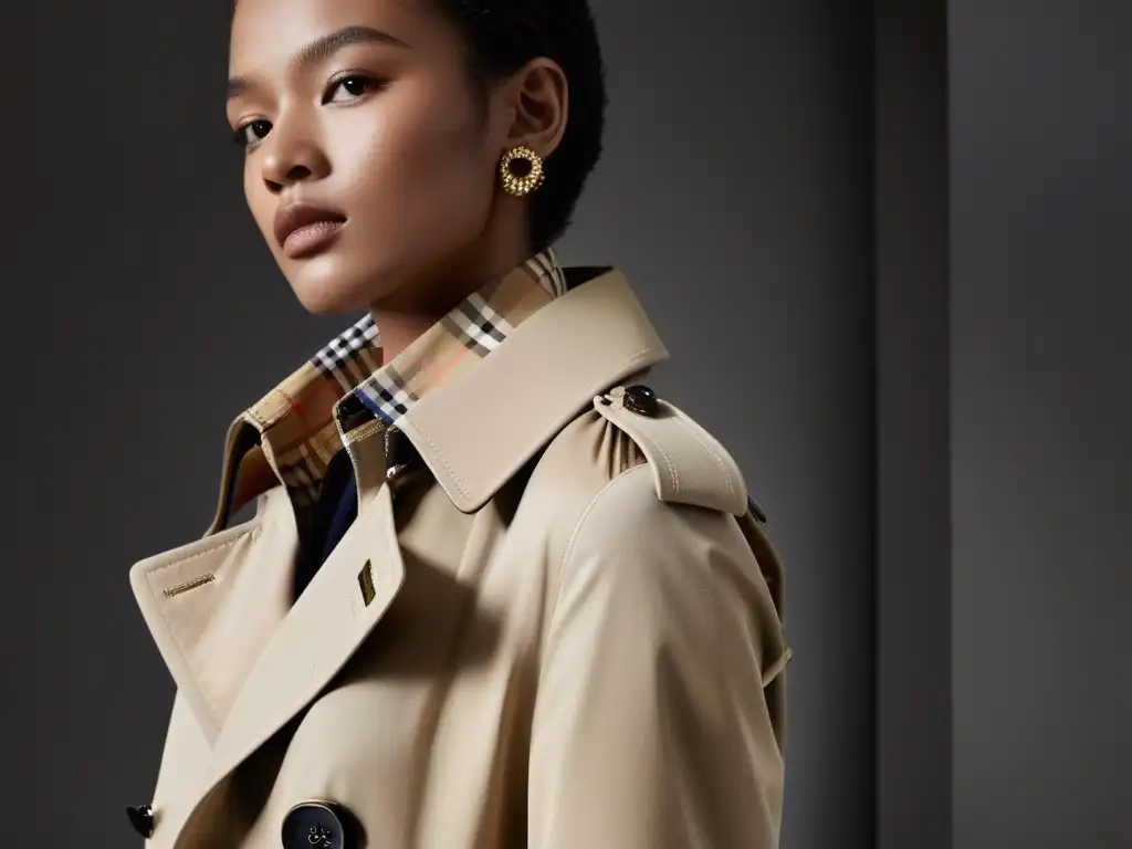 Detalle de la reinvención del trench coat Burberry, con énfasis en los elementos innovadores y la sofisticación del diseño