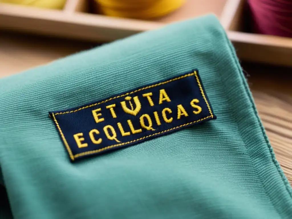 Detalle de etiqueta ecológica en moda, bordado artesanal y materiales sostenibles, en taller ético de confección