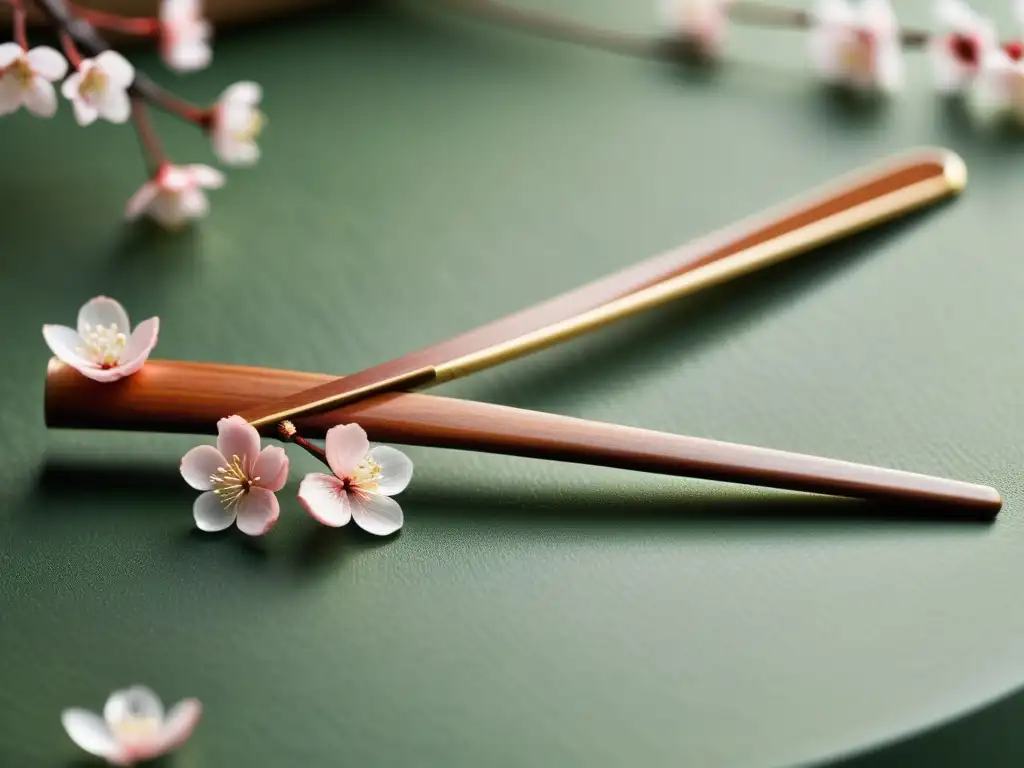 Detalle excepcional de un kanzashi japonés de madera de cerezo con flores pintadas a mano