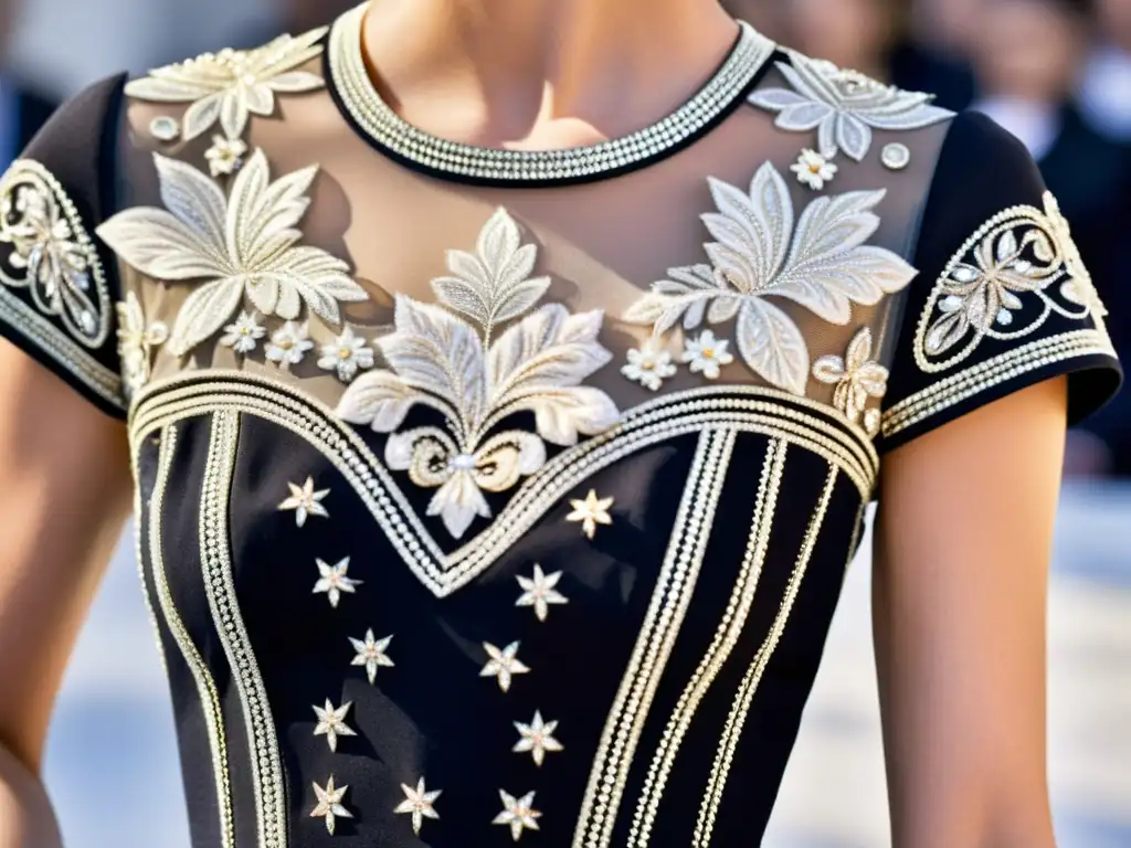 Detalle de la exquisita artesanía y elegancia atemporal en un vestido vintage de la colección del New Look de Dior, con bordados y pedrería