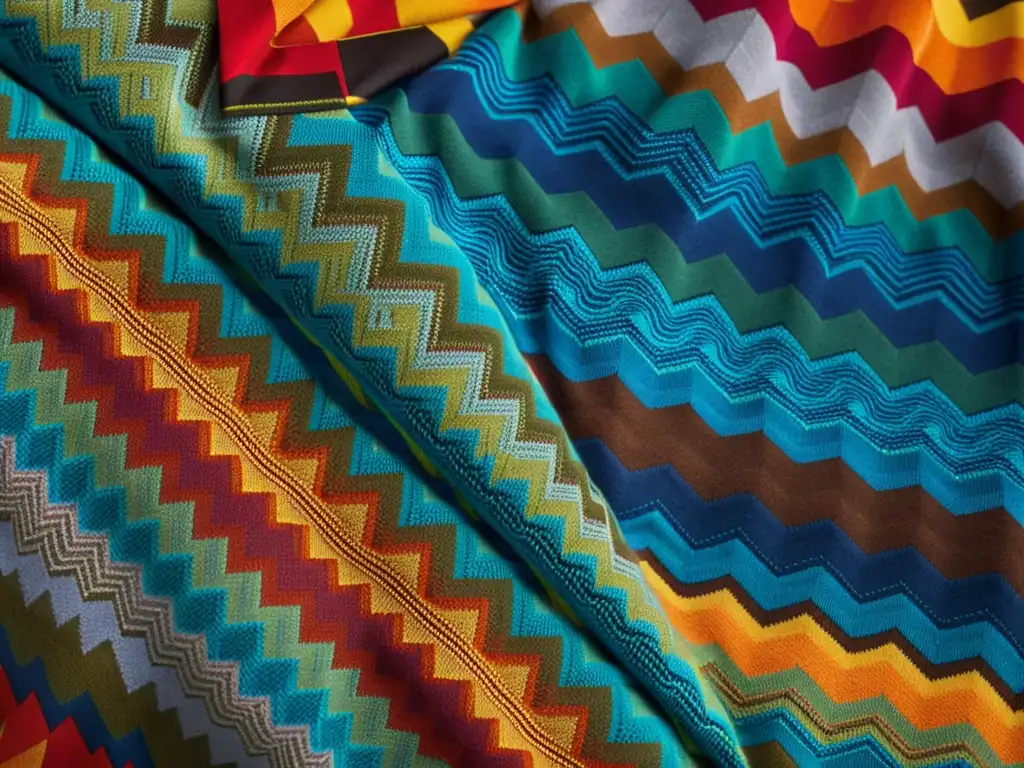 Detalle de una exquisita prenda de punto Missoni, con el icónico patrón de zigzag en una rica paleta de colores