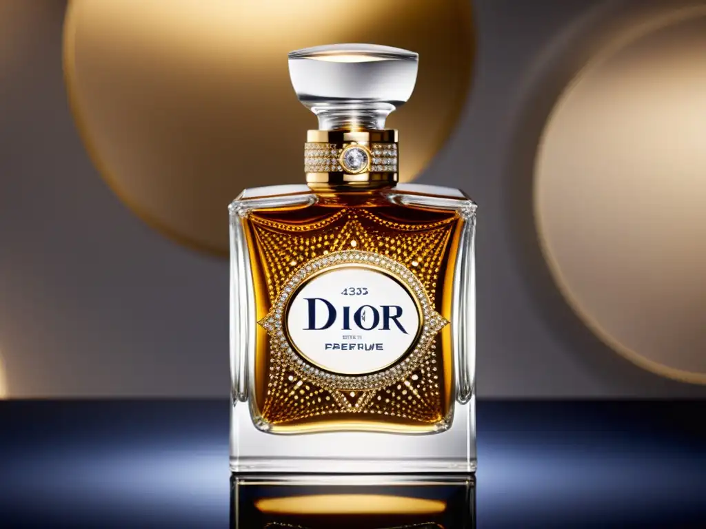 Detalle exquisito del bordado en una botella de perfume Dior, resaltando la artesanía y elegancia de la marca