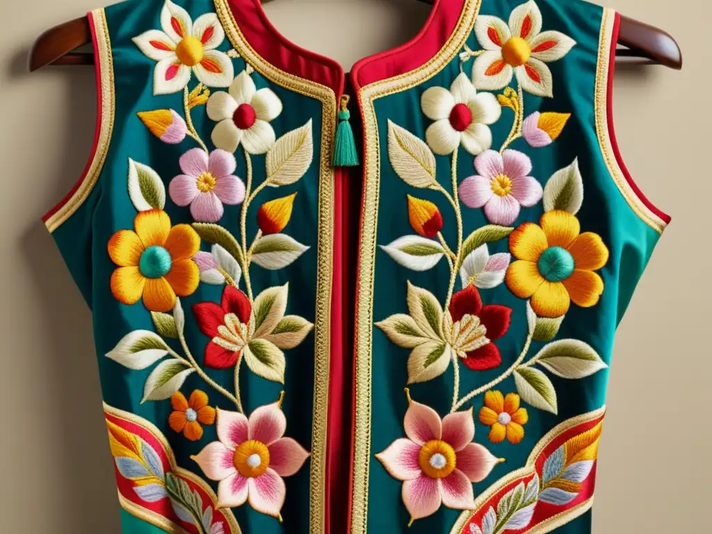 Detalle de un exquisito bordado floral en una prenda asiática tradicional, mostrando la importancia del bordado en moda asiática