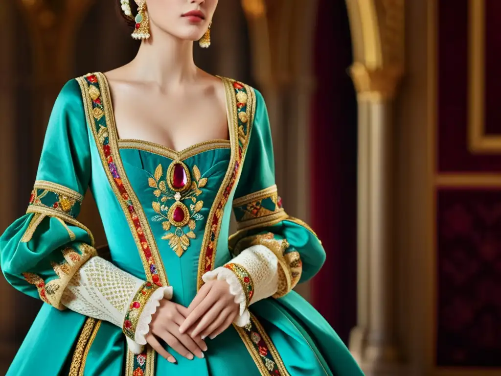 Detalle de exquisito bordado y lujosas telas de la moda cortesana del Renacimiento, simbolizando poder y estatus en la historia de la moda como expresión cultural